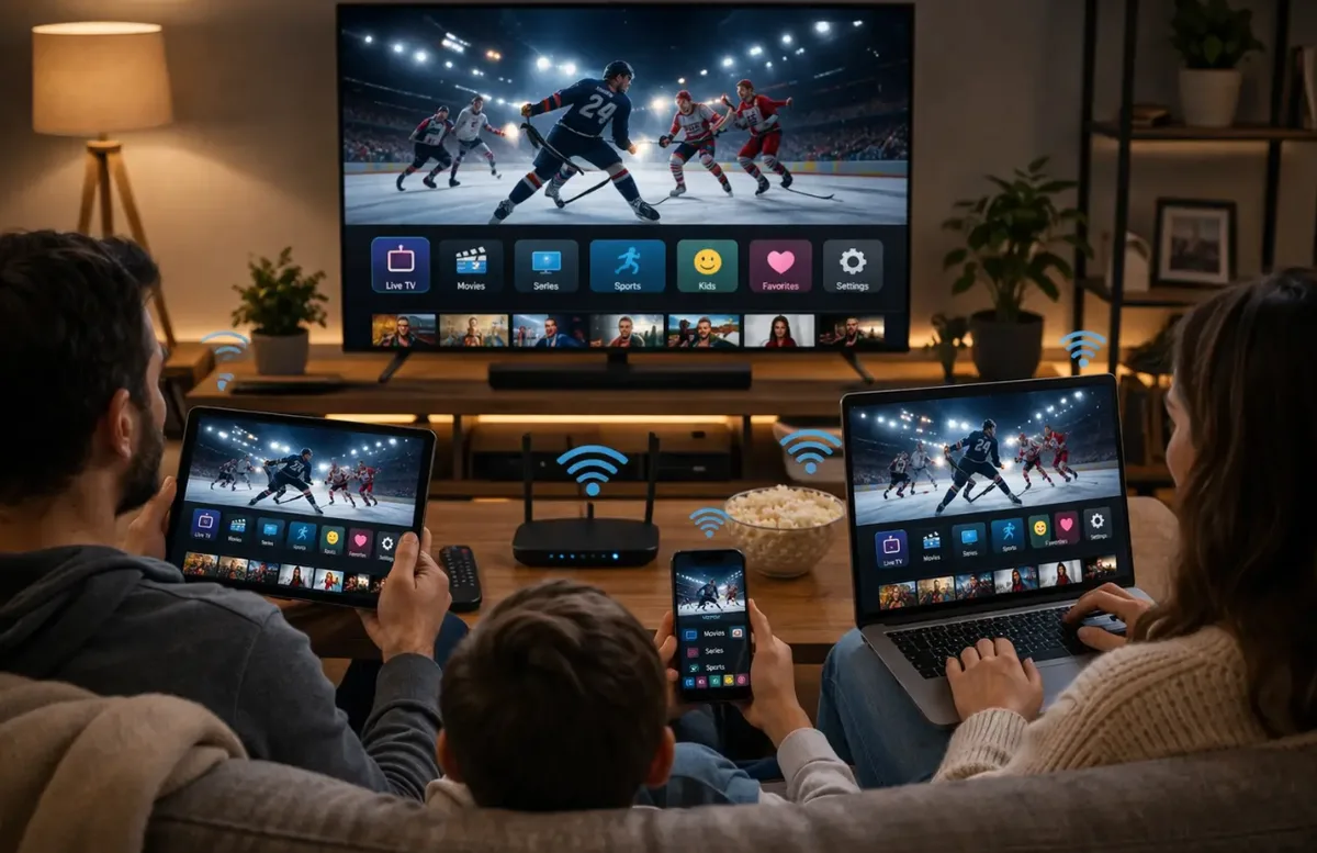 Famille regardant IPTV simultanément sur TV, tablette, smartphone et PC